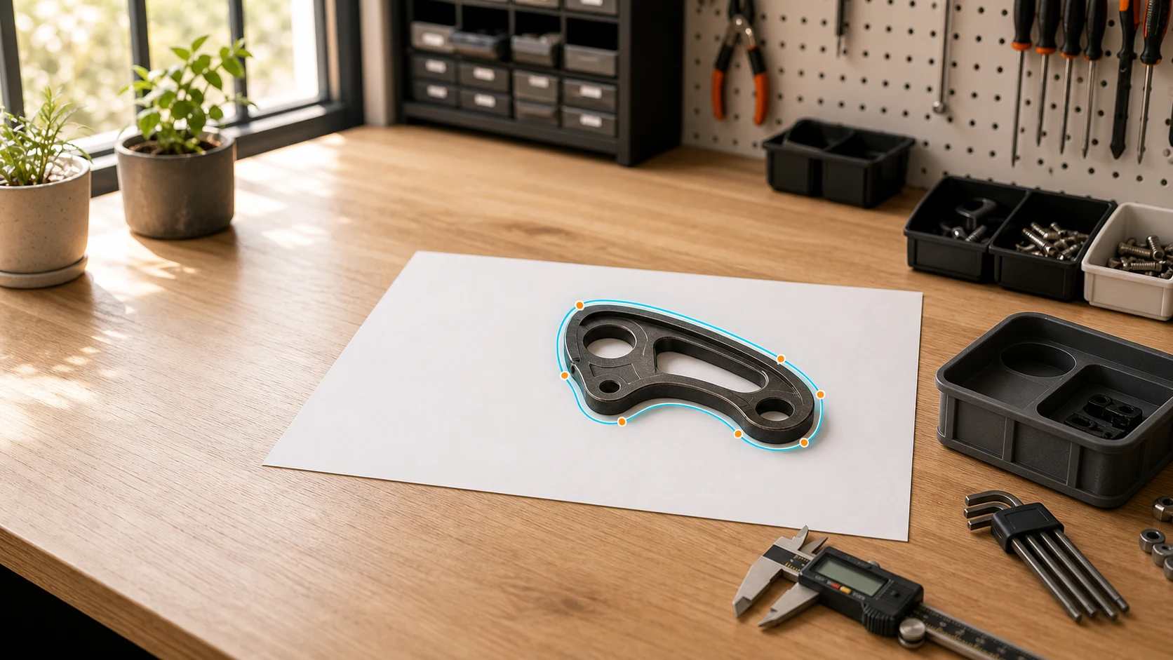 A workshop bench with an object lying on a sheet of paper, its outline traced